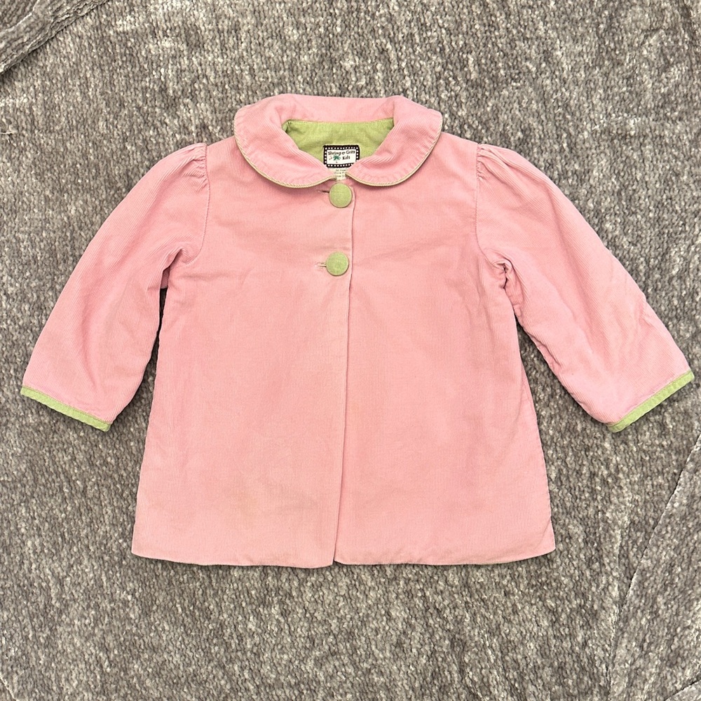 Shrimp & Grits kids pink cord overcoat with green gingham accents 2t